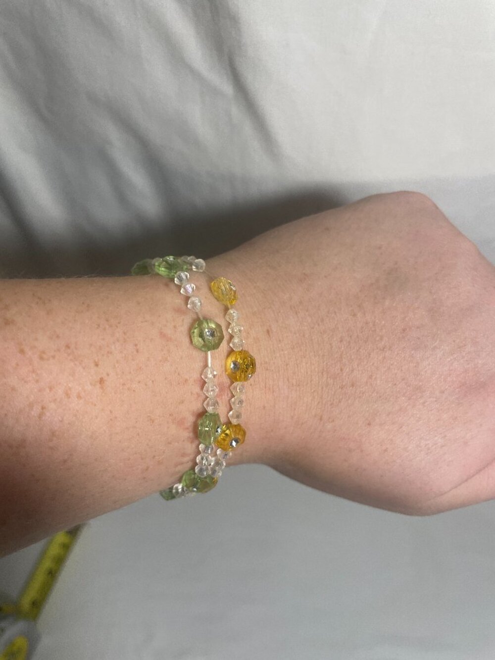 Set of 2 Green Yellow Clear Faceted Bead Stretch Bracelets Rhinestone Accents